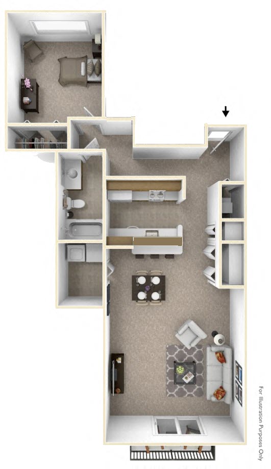 Floor plan for 1 bed, 1 bath, 785 sqft